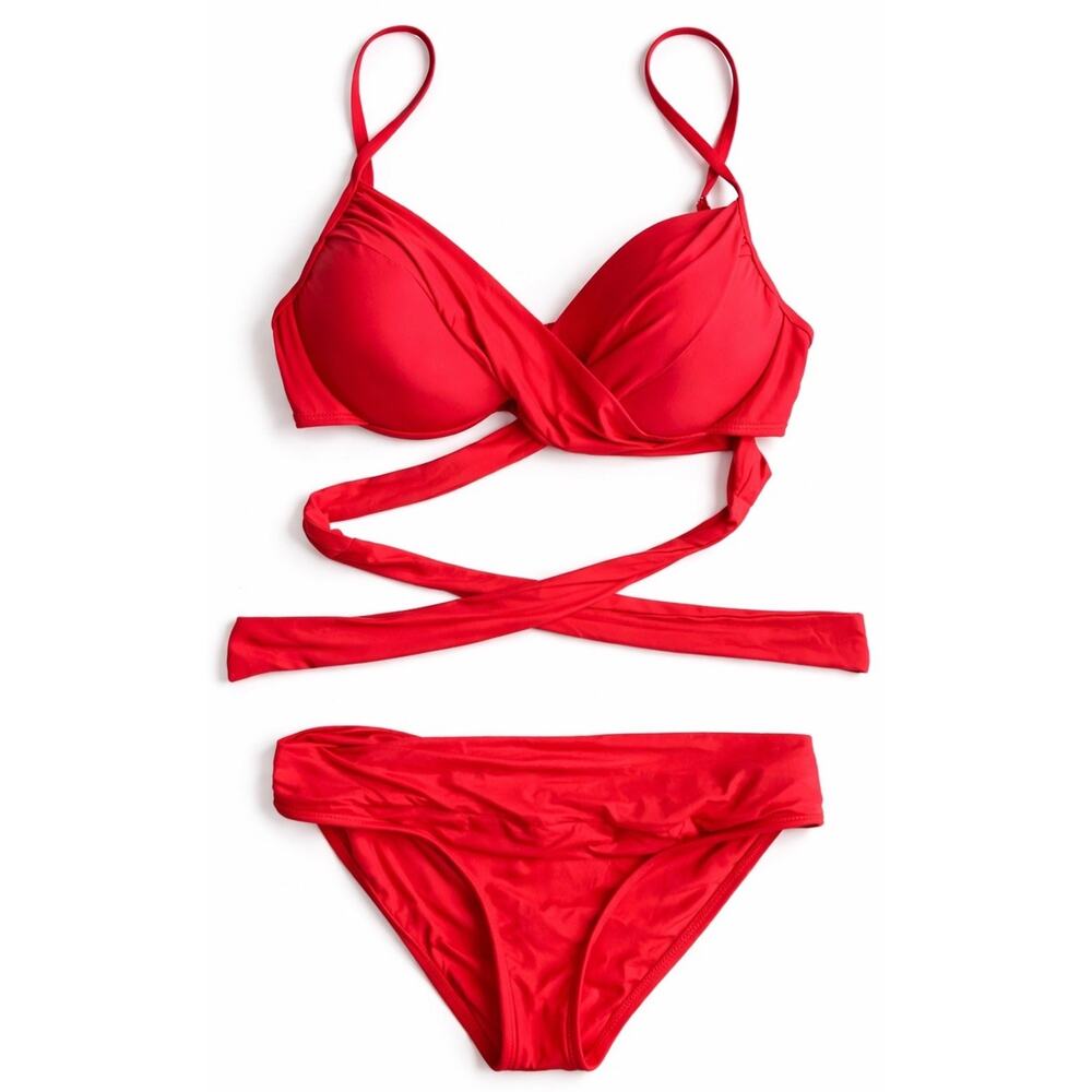 La Blanca Island Goddess Bikini Set Women L Top S Bottom Wrap Red 2 Pc Swimsuit
